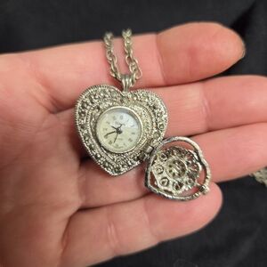 Silver Heart Locket Watch Necklace